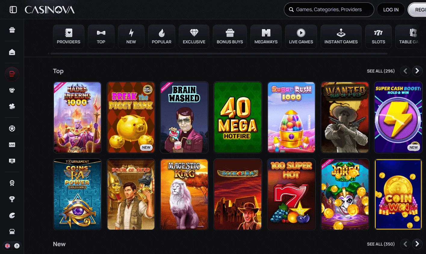 Casinova Casino games area on desktop