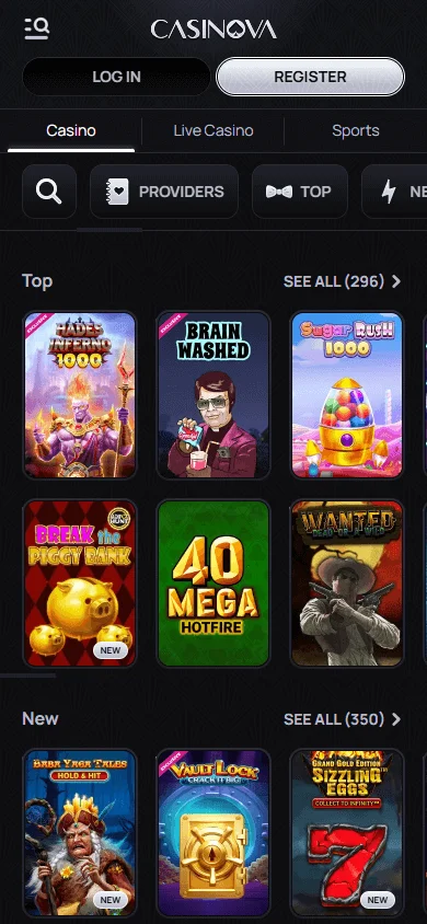 Casinova Casino games area on a mobile device