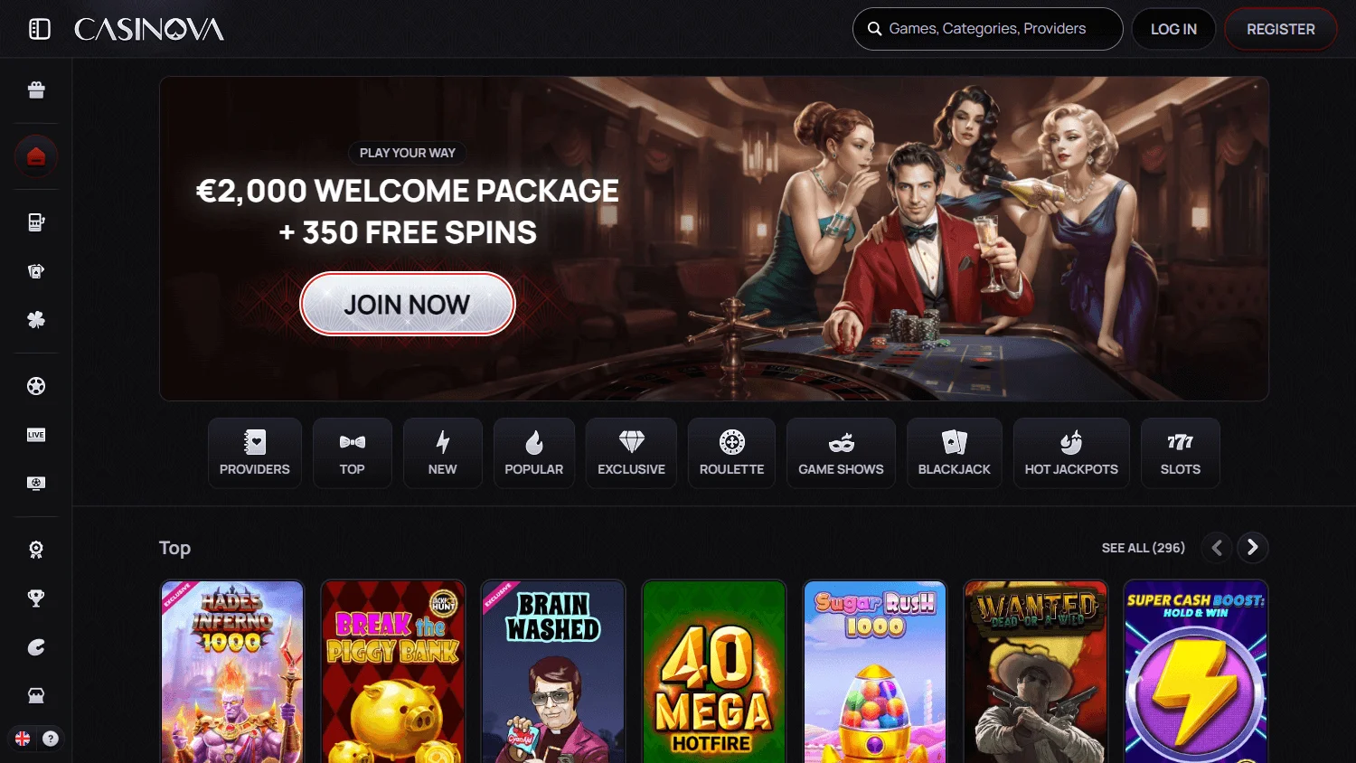 Casinova Casino home area on desktop
