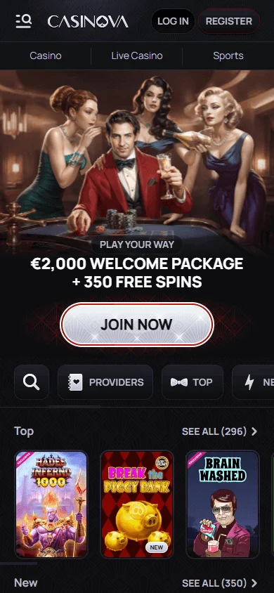 Casinova Casino home area on a mobile device